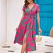 Women's Summer V-Neck Midi Dress – Printed Flowy Dress With Side Slit (Red/Pink/Polka Dot/Blue)_ecoleips.com