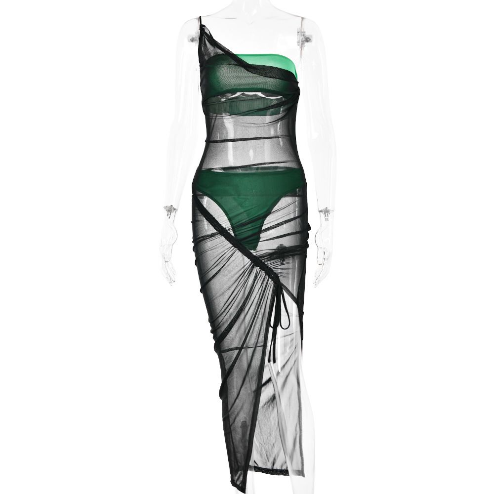 Women Stylish 3‑Piece Dress Set Featuring Mesh Patchwork, One‑Shoulder Cut, Spaghetti Straps & Strapless Design_ecoleips.com