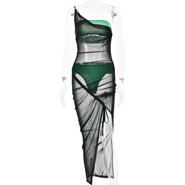 Women Stylish 3‑Piece Dress Set Featuring Mesh Patchwork, One‑Shoulder Cut, Spaghetti Straps & Strapless Design_ecoleips.com