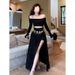 2025 Spring New Women's Set: Mature Style Off-Shoulder Top And Irregular High-Waisted Skirt Two-Piece Set_ecoleips.com
