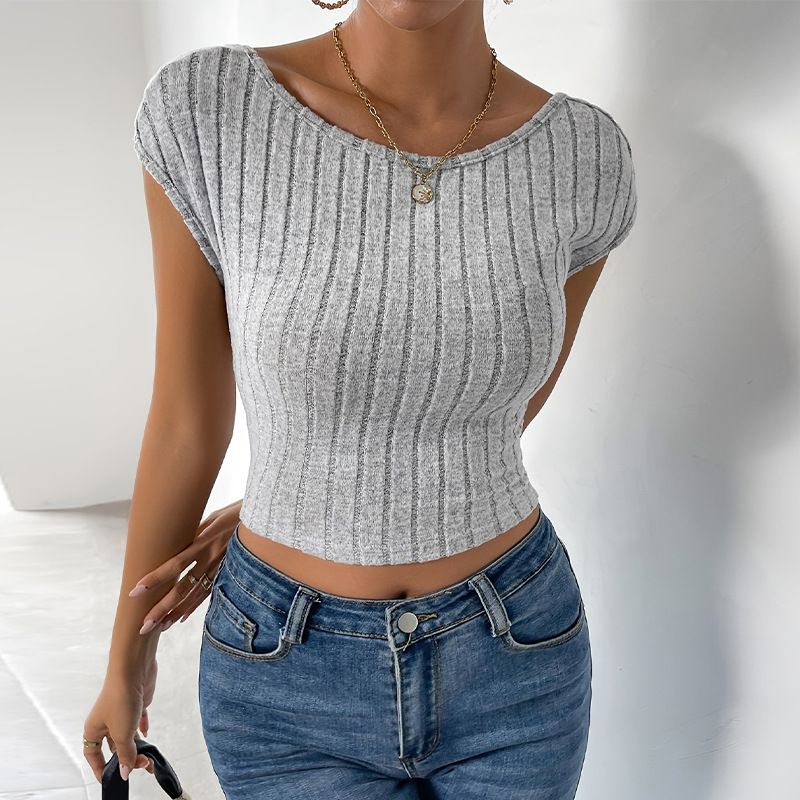 Women's Clothing Summer Style T Shirt Slim Round Neck Sexy Backless Short Knitted Top_ecoleips.com