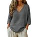 2026 Spring/Summer New Women's Casual Loose Fashion Slub Cotton Mid-Sleeve V-Neck Top_ecoleips.com