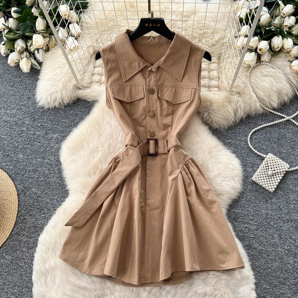 French Style Women's Sleeveless A-Line Dress High Waisted Slimming Elegant Khaki Summer Dress_ecoleips.com