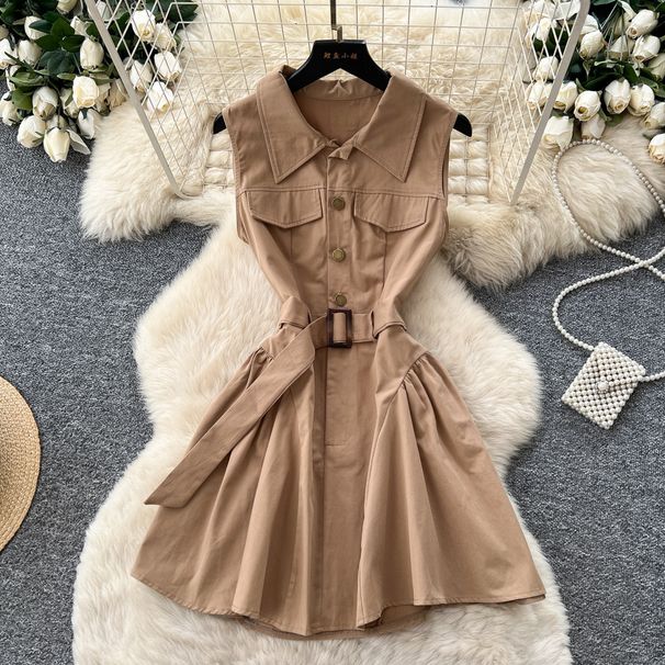 French Style Women's Sleeveless A-Line Dress High Waisted Slimming Elegant Khaki Summer Dress_ecoleips.com