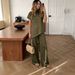 Women's European American Style Two Piece Set Short Sleeved Stand Collar Shirt & Solid Color Wide Leg Trousers Loose Waist Summer Outfit_ecoleips.com