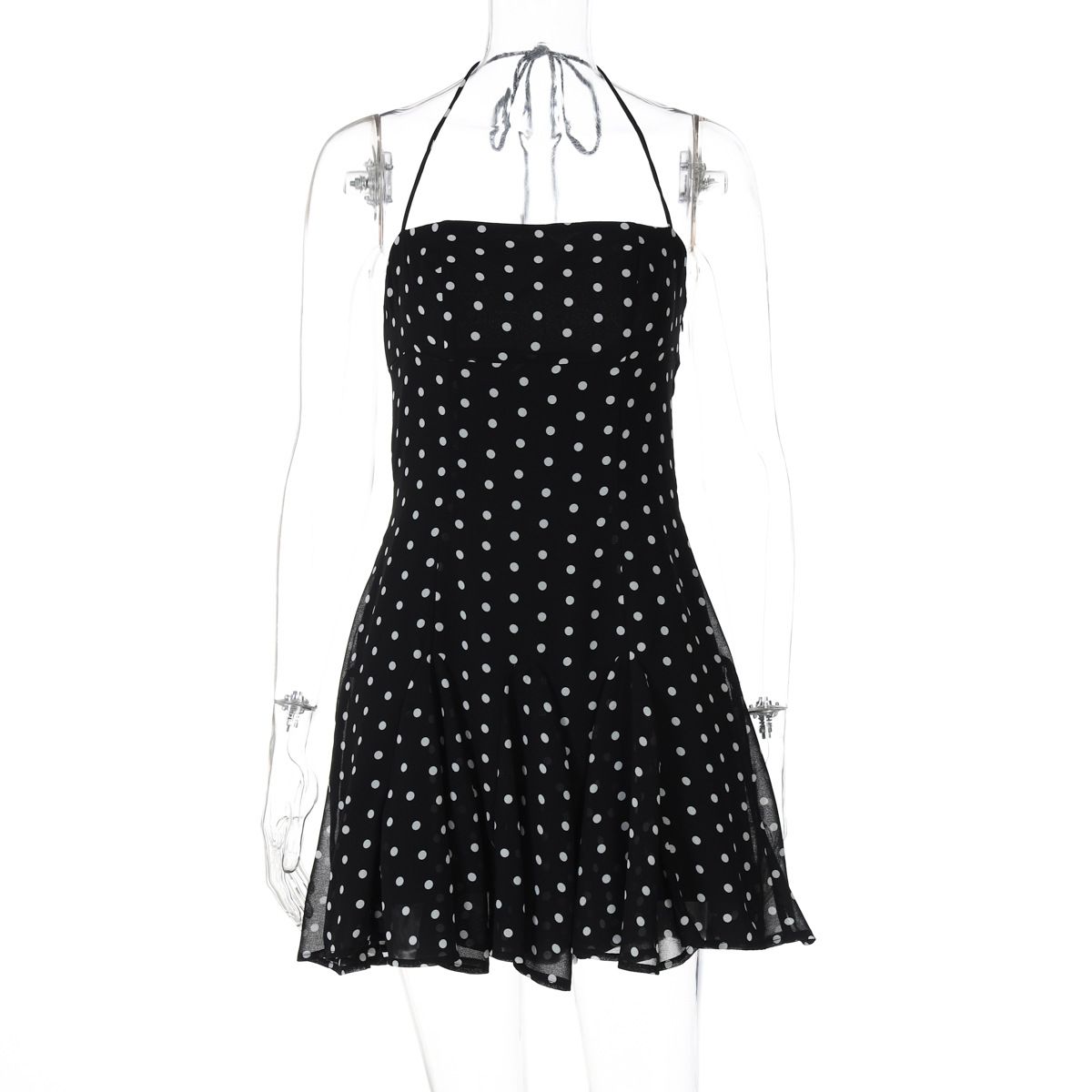 Sweet Mini Dress Polka Dot Print Style Fitted Waist Strapless Design Halter Neck Women's Clothing_ecoleips.com