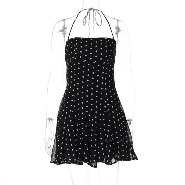 Sweet Mini Dress Polka Dot Print Style Fitted Waist Strapless Design Halter Neck Women's Clothing_ecoleips.com