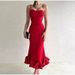 Women's Clothing Spaghetti Ball Ruffle Hem Sleeveless High Waist Bodycon Dress_ecoleips.com
