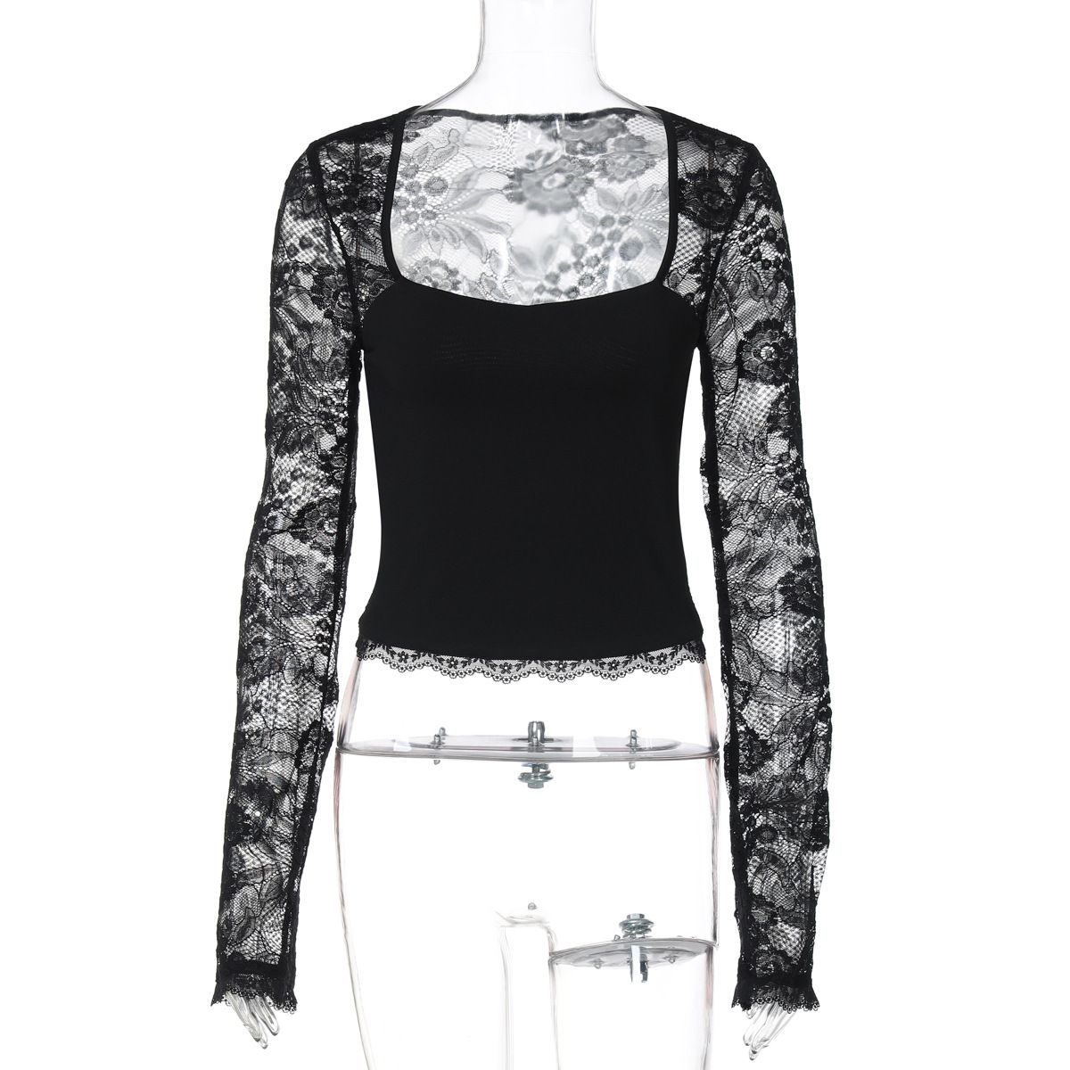 2025 Summer New Fashion Sexy Lace Hollow Out Patchwork Long Sleeve Top For Women, Best Sellers In Europe And America,_ecoleips.com