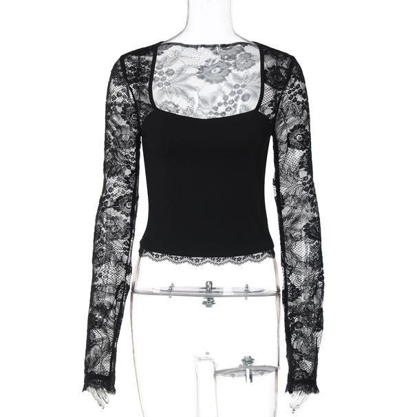 2025 Summer New Fashion Sexy Lace Hollow Out Patchwork Long Sleeve Top For Women, Best Sellers In Europe And America,_ecoleips.com