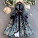Women's European Court Style Retro Dress Slimming Flattering Mesh Patchwork Printed Lantern Sleeve Full Skirt Dress_ecoleips.com