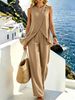 Women's Sleeveless Side-Slit Top And High-Waisted Wide-Leg Pants Set - Casual Elegance Two-Piece Outfit_ecoleips.com