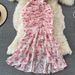 Summer French Retro Style Chiffon Floral Dress for Women Gentle Ruffled V Neck Fishtail Bodycon Fashion Gift_ecoleips.com