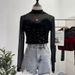 Two Piece Suit Fur Sequined Camisole + Long Sleeved Half High Collar Perspective Mesh T Shirt Top_ecoleips.com