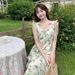 Cross-border Women's French Floral 2024 Summer New Style Square Neck Waist-cinching Slimming Fresh Mid-length Dress_ecoleips.com