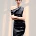 Women's Clothing Elegant PU Draped Midi Dress For Women - High Waist Bodycon Pencil Dress With Slash Neckline, Short Sleeves, Office & Party Wear_ecoleips.com