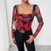 Women's French Romantic Rose Floral Mesh Print U Neck T-Shirt Autumn New Sexy Top_ecoleips.com