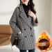 Houndstooth Plaid Wool For Women, Autumn Winter 2024 New Style, Mid-Length, Fleece-Lined, Thickened Woolen Blazer Coat_ecoleips.com