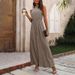 Women's clothing elastic waist high collar halter neck sleeveless floral wide-leg casual pants jumpsuit_ecoleips.com