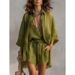 Women's Summer 3-Piece Set Lapel Button Front Cardigan Deep V Vest Shorts Casual Outfit_ecoleips.com