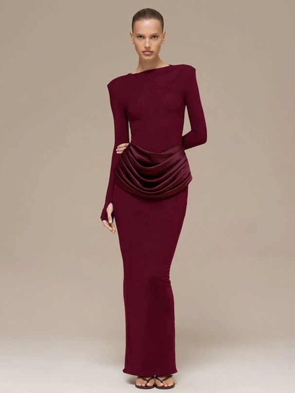 Elegant Solid Color Women's Bodycon Dress Long Sleeved Slim Fit Pleated European American Style For Autumn Winter New Socialite Style_ecoleips.com
