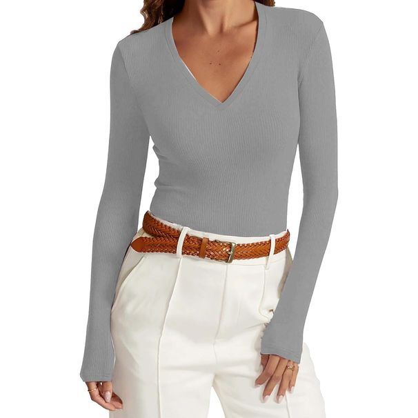 Women's Long-sleeved Solid Color Slim-fit Thin V-neck Knit Top, Versatile For Cross-border Sales_ecoleips.com
