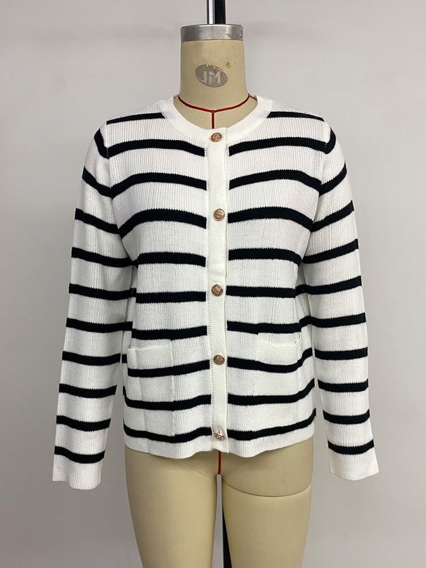 K New Casual Simple Black And White Striped Long Sleeved Sweater Cardigan Jacket_ecoleips.com