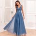 Women’s Clothing Multicolor Splicing Elastic Waist Sleeveless Double V Neck Evening Dress Tulle Embroidery Long Elegant A line Party Dress_ecoleips.com