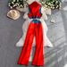 Women's Clothing Half Turtleneck Sleeveless Design Denim Patchwork Striped Short Hot Girl Top + High Waist Slim Wide Leg Pants Two Piece Set_ecoleips.com