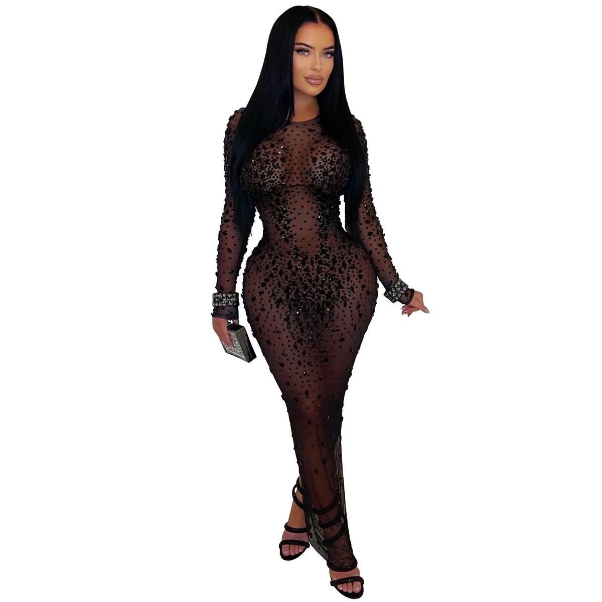 Women’s Sexy Sheer Mesh Rhinestone Bodycon Dress – Long Sleeve Elegant Evening Dress For Parties & Special Occasions_ecoleips.com