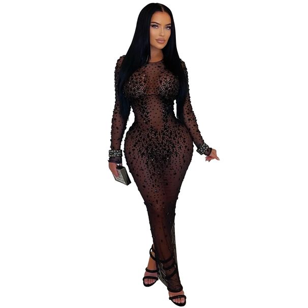 Women’s Sexy Sheer Mesh Rhinestone Bodycon Dress – Long Sleeve Elegant Evening Dress For Parties & Special Occasions_ecoleips.com
