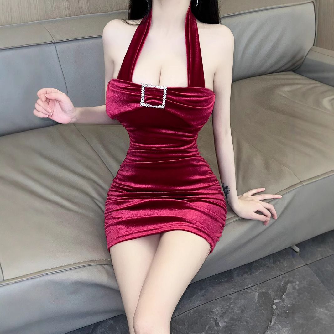 Design Sense Nightclub Style Red Velvet Slim Fit Bodycon Sexy Pure Desire Slimming Strapless Halter Neck Dress For Women_ecoleips.com