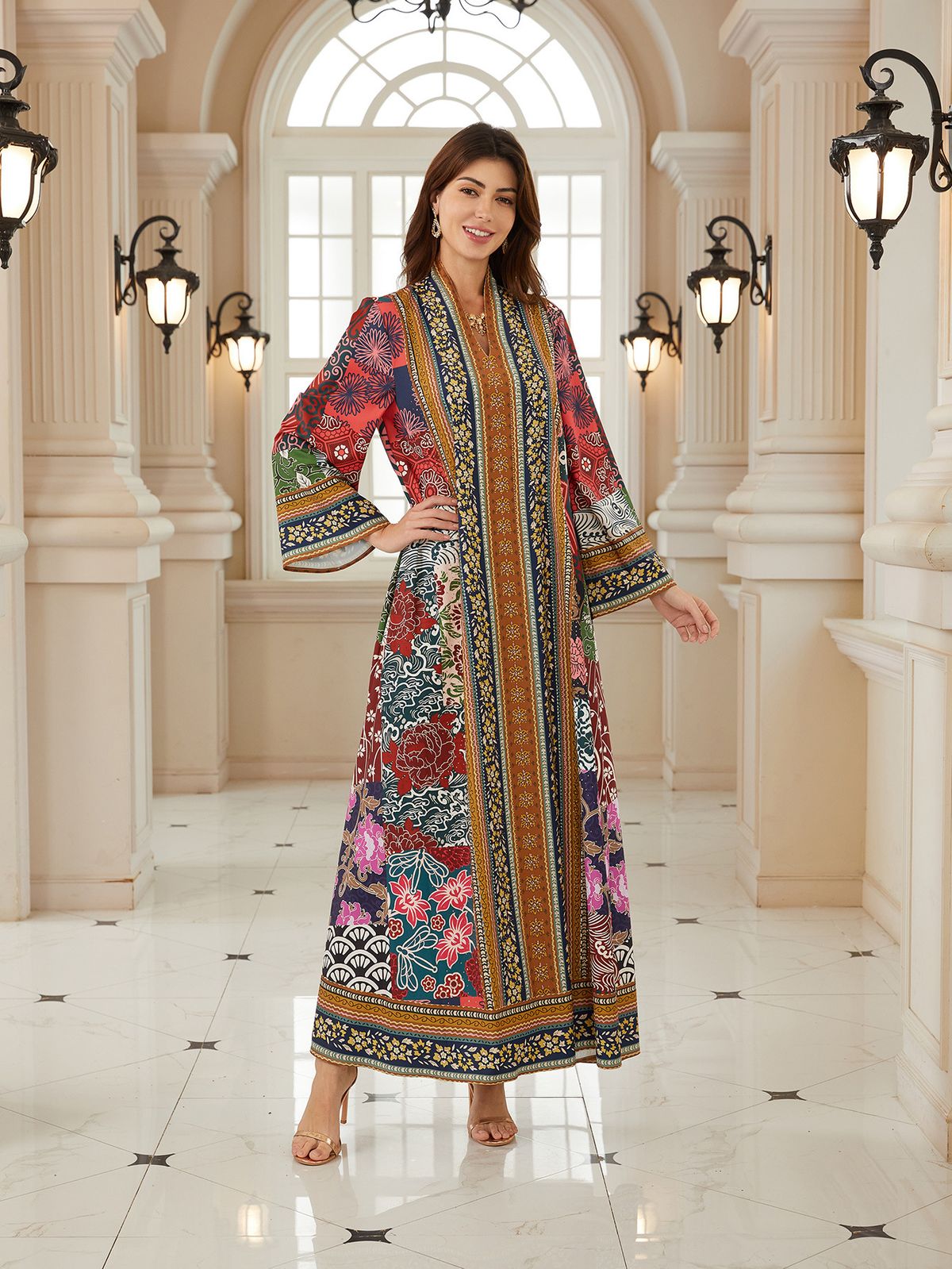 Modest Abaya Dress Women's Ethnic Maxi Dress V-Neck Long Sleeve Printed Loose Fit Full Hem Dress For Middle East_ecoleips.com