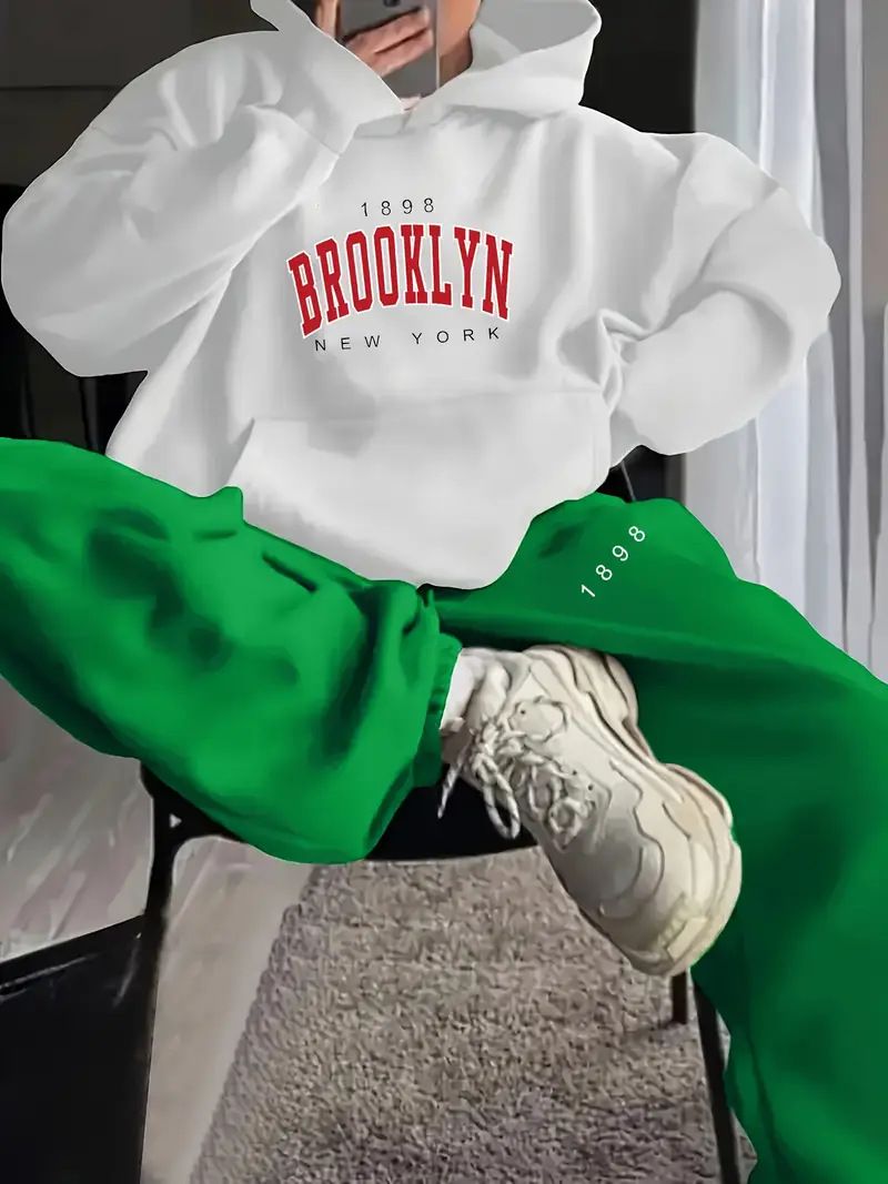 Women's Casual Loose Sportswear Set European American Style Letter Print Sweatshirt Hooded Sweatpant_ecoleips.com