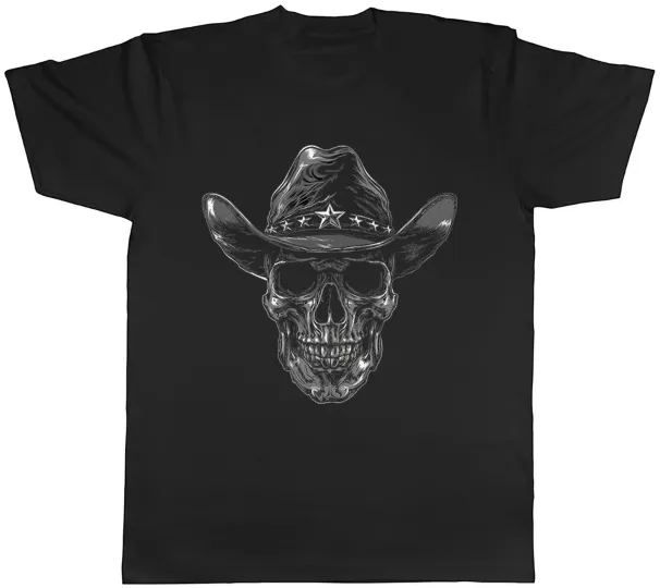 Women's T-Shirts Skull Cowboy Mens T-Shirt Wild West Sherrif Tee Gift_ecoleips.com