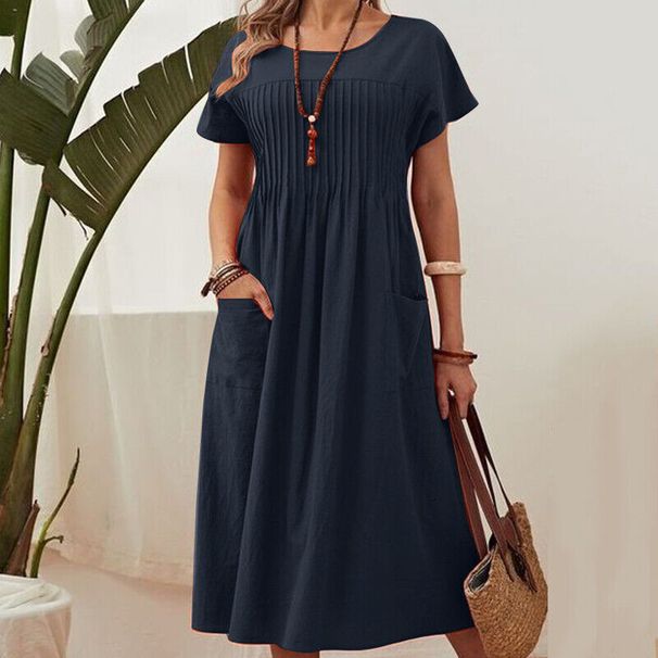 Cross-Border Foreign Trade European And American Women's Clothing Long New Solid Color Round Neck Pocket Pleated_ecoleips.com