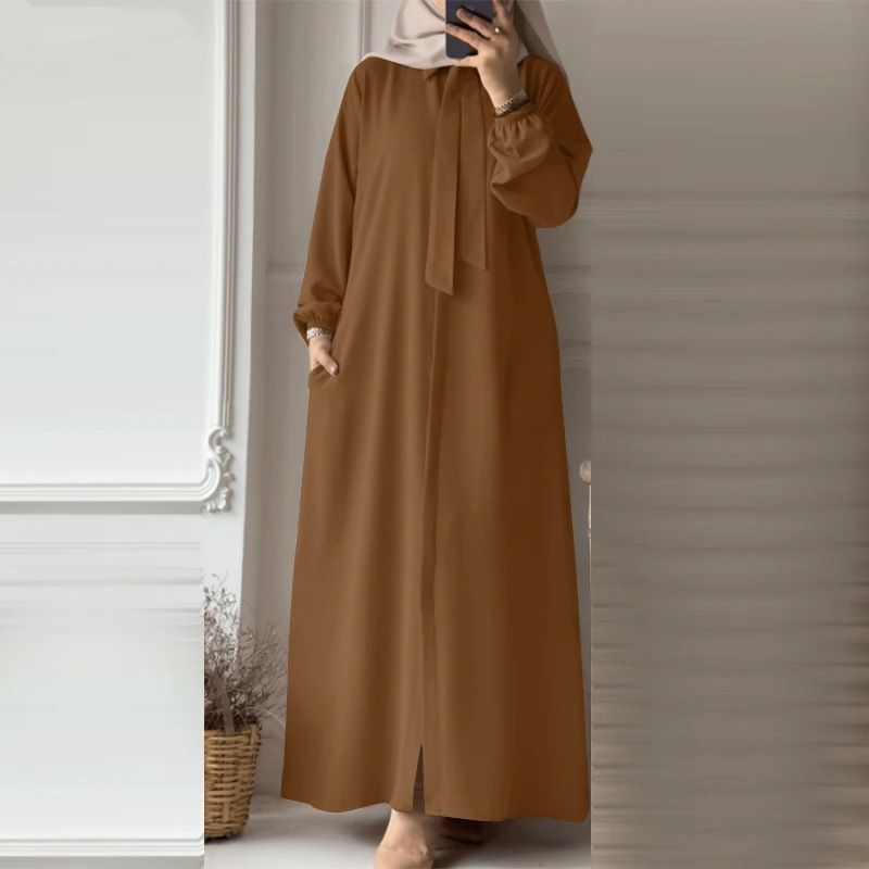 Women's Clothing Fashion Bow Tie Lapel Solid Color Long Sleeved Shirt Sundress Pocket Loose Cardigan Long Skirt_ecoleips.com