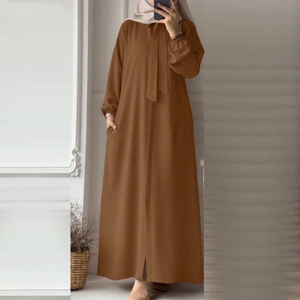 Women's Clothing Fashion Bow Tie Lapel Solid Color Long Sleeved Shirt Sundress Pocket Loose Cardigan Long Skirt_ecoleips.com
