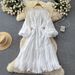 Ethereal French-Inspired White Dress – Ruffled Lace-Up Waist Midi Dress With 3D Floral Appliqués (White/Beige, One Size) | Romantic & Boho Chic_ecoleips.com
