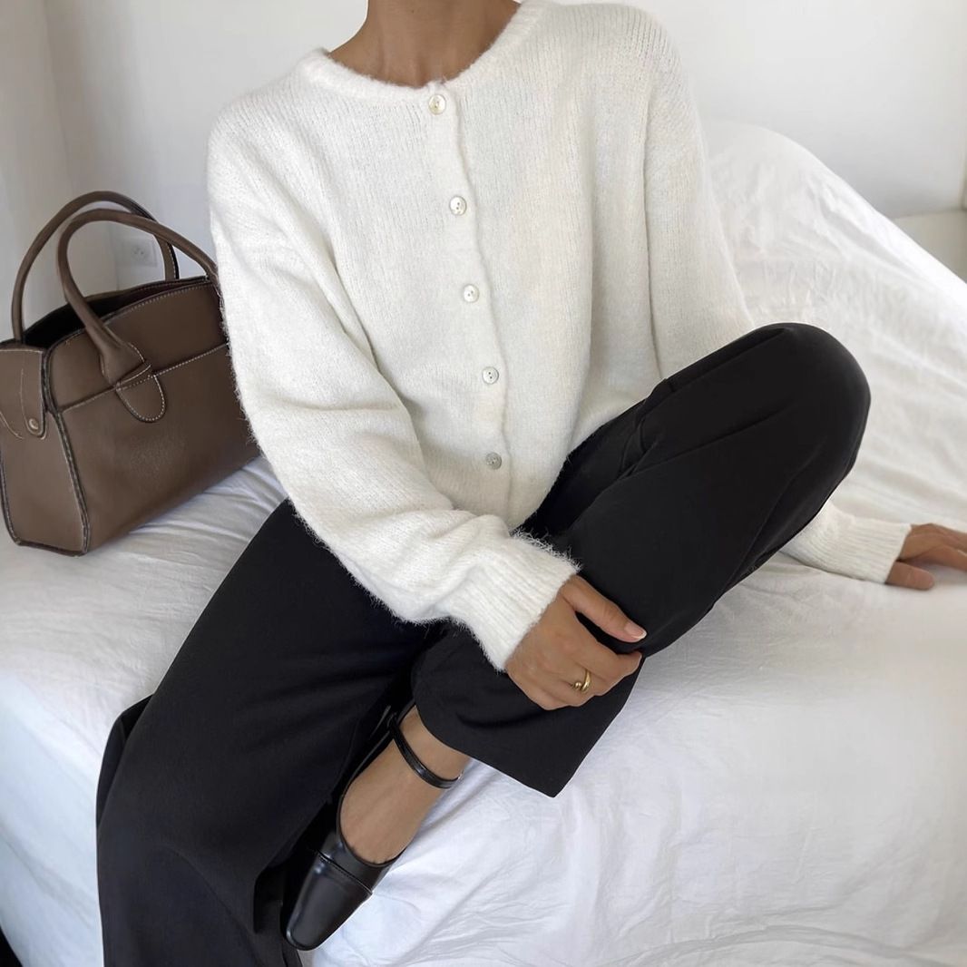 European And American Cross-Border Hot Sale Versatile Soft Knitted Cardigan For Women Retro Shell Button Gray Wool_ecoleips.com