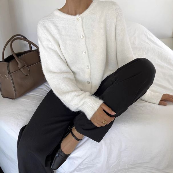 European And American Cross-Border Hot Sale Versatile Soft Knitted Cardigan For Women Retro Shell Button Gray Wool_ecoleips.com