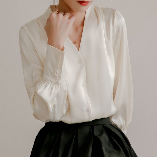 2025 2025 Spring And Autumn French V-Neck For Women, Long Sleeved Satin Top, Commuting Design, Niche Professional Shirt_ecoleips.com