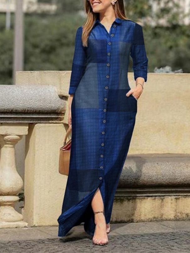 Plus-Size Women's Casual Lapel Long-Sleeved Long Plaid Dress Button-Down Shirt_ecoleips.com