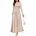 Women's Round-Neck Pleated Pocket Fitted Long-Sleeved Knitted Dress_ecoleips.com
