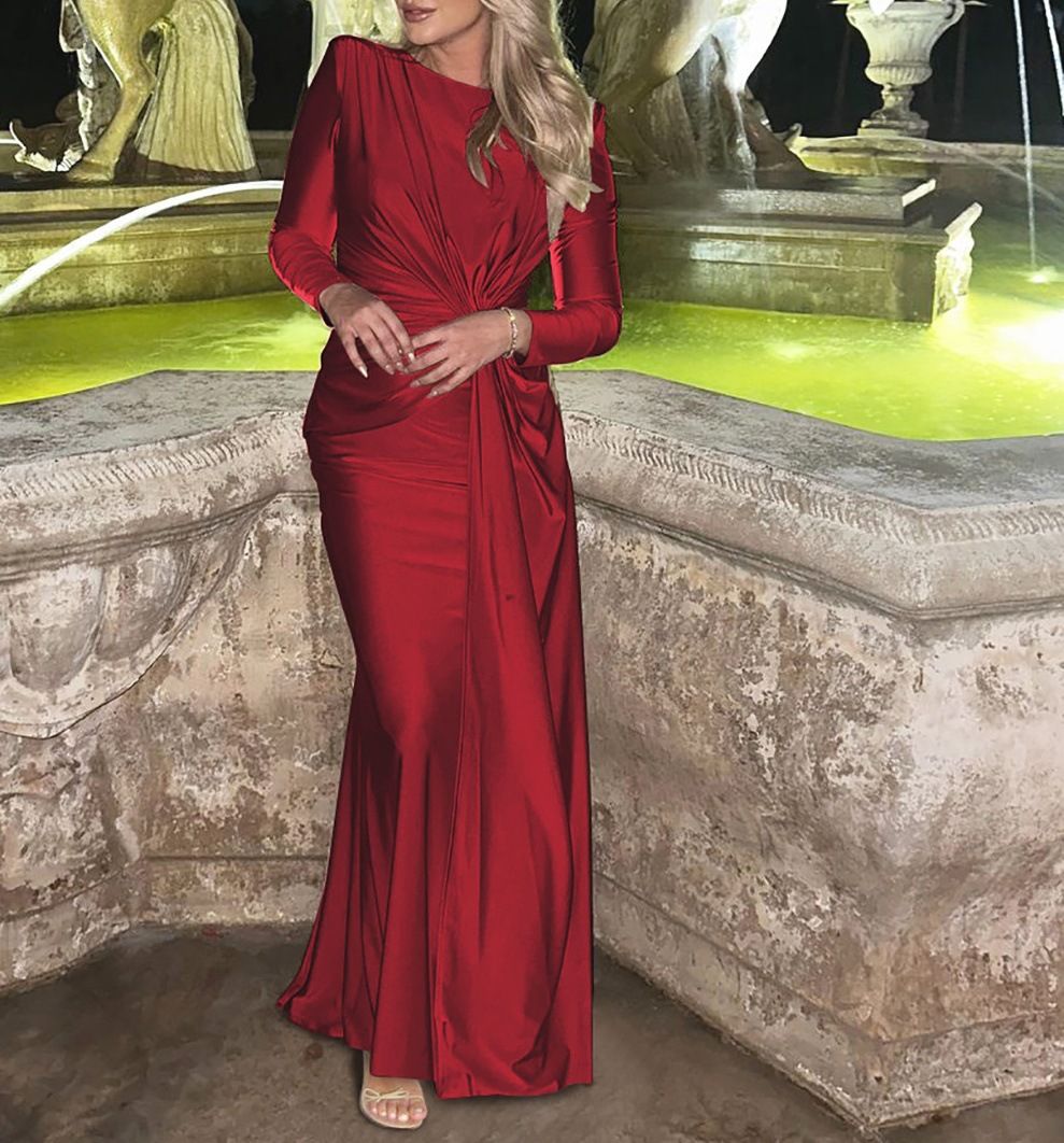 Women's Elegant Round Neck Long Sleeve Bodycon Midi Dress – Fall Party Evening Gown 2026_ecoleips.com