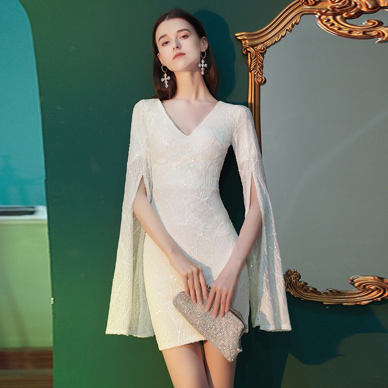 White Fitted Short Dress Queenly Aura Understated Luxury Elegant Feel Hostess Evening Gown Women's Wedding Party Wear_ecoleips.com