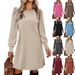 Women's Round Neck Puff Sleeve Mid Length Dress Brushed Ribbed Solid Color Autumn Winter Fashion_ecoleips.com
