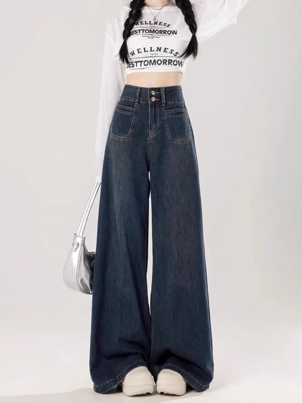 Plus-Size Relaxed Fit Jeans For Women – High-Waisted Wide-Leg Denim Pants With Flannel Lining (Dark Blue, S-2xl)_ecoleips.com