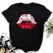 European American Women's Clothing Spring And Summer: Colorful Lip Print Short-sleeve T-shirts For Women_ecoleips.com