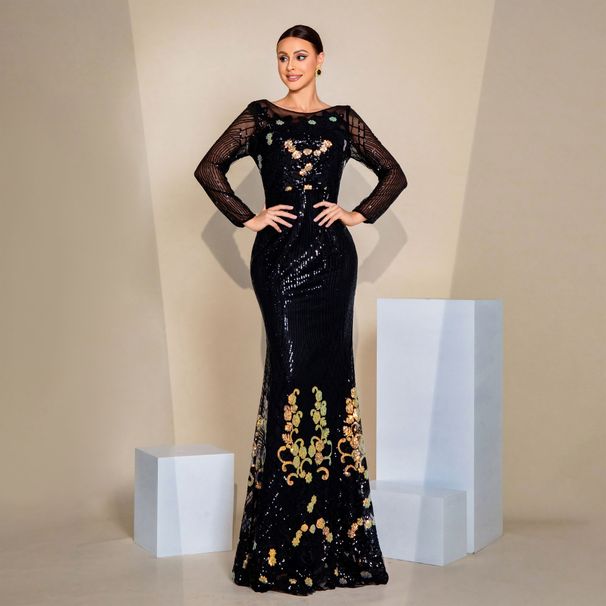 High-end Elegant Sexy Sequin Long Sleeve Round Neck Party Evening Bridesmaid Dress Women_ecoleips.com